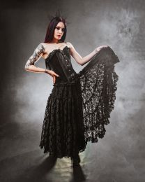 Rara long gothic skirt in black satin and black lace overlay