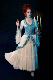 Candy underbust burlesque corset in blue cream king brocade
