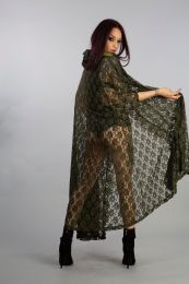 Hooded gothic victorian cape in olive green lace. Maxi lenght and frill details. Suitable for Halloween, Masquerade, Cosplay, Performance and Other Special Occasions.

