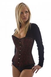 Elegant overbust corset in red scroll brocade