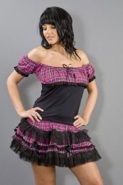 Gypsy black cotton top with pink tartan print chest and sleeves