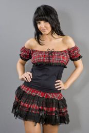 Gypsy black cotton top with red tartan print chest and sleeves