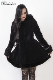 Karen ladies coat with hood in black velvet flock and black fur