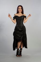Passion corset dress in black king brocade and black satin lace overlay skirt with lace frill around. Black matt corset details and lace fastening on the back. Perfect for special occasions. Unleash your dark side with that gorgeous off shoulder dress. 