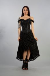 Passion corset dress in red king brocade and black satin lace overlay skirt with lace frill around. Black matt corset details and lace fastening on the back. Perfect for special occasions. Unleash your dark side with that gorgeous off shoulder dress. 