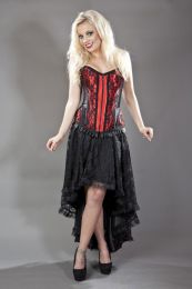 Petra zip overbust burlesque corset in red satin and black lace overlay