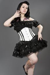 Sexy waspie waist cincher in white PVC with black piping
