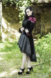 Vampiria tail jacket in black velvet flock and burgundy satin flock details 
