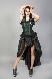 Venice burlesque overbust corset in green taffeta with pearl beads, lace frills and flower detail. Closed front, laces and modesty panel at rear.
