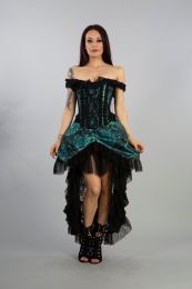 Versailles corset dress in turquoise/black jacquard Versailles corset dress in turquoise/black jacquard, with black lace frills and ribbon detail. Rear lace fastening with modesty panel.
