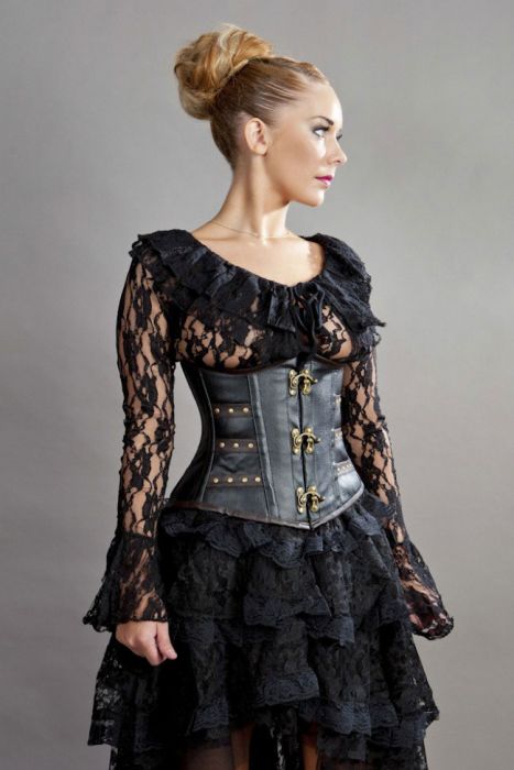 C-Lock underbust steampunk corset with studs in black & brown matte