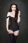  overbust corset with straps in black twill and silver spikes