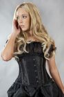 Candy steel boned underbust corset in black satin & black spider lace overlay