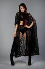 Hooded gothic victorian cape in black lace. Maxi lenght and frill details. Suitable for Halloween, Masquerade, Cosplay, Performance and Other Special Occasions.

