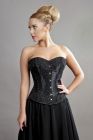 Chelsea overbust steel boned corset in black satin and black mesh overlay