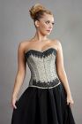 Chelsea overbust steel boned corset in cream satin and black mesh overlay