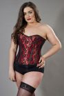 Elegant overbust plus size corset in red satin and black lace overlay